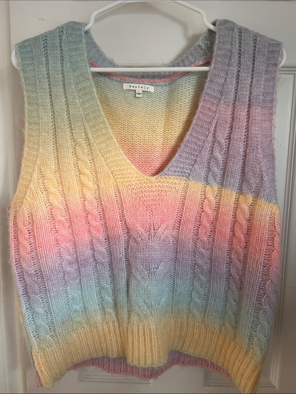 Pastel Rainbow Cable-Knit V-Neck Sweater Vest